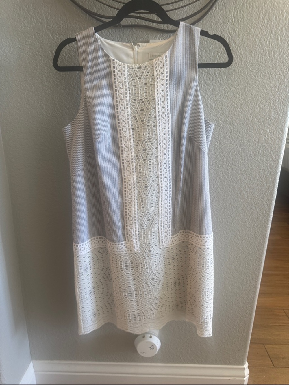 London Times Striped Seersucker Shift Dress in Light Blue and White